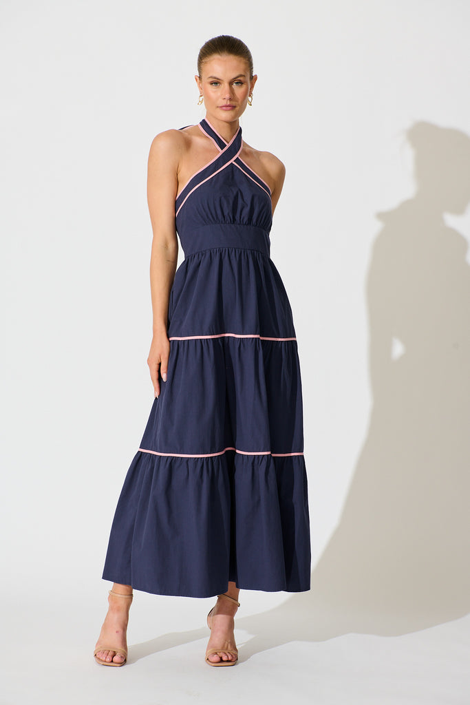 Celandine Halter Neck Maxi Dress in Navy Cotton | St Frock Celandine Halter Neck Maxi Dress in Navy Cotton | St Frock
