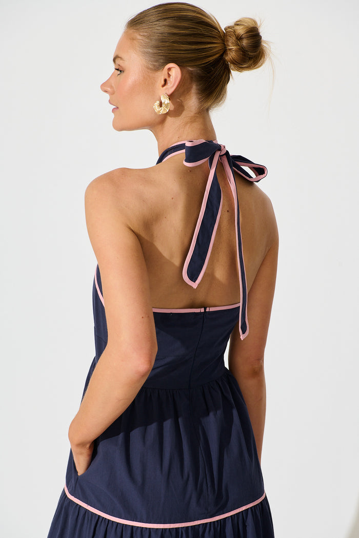 Celandine Halter Neck Maxi Dress in Navy Cotton | St Frock Celandine Halter Neck Maxi Dress in Navy Cotton | St Frock