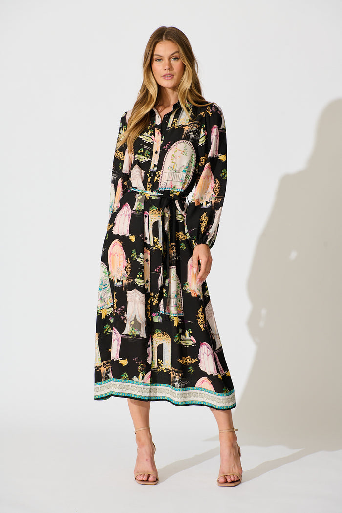 Henley Midi Shirt Dress in Black Multi Print full length