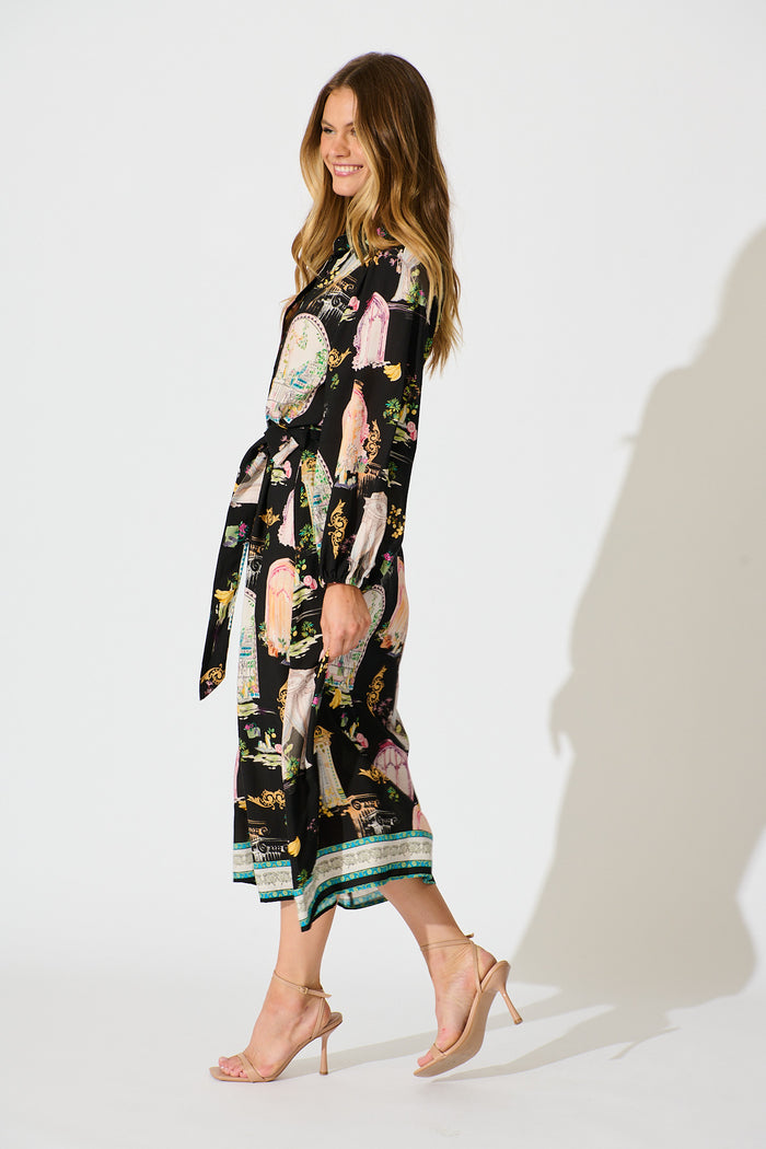 Henley Midi Shirt Dress in Black Multi Print side