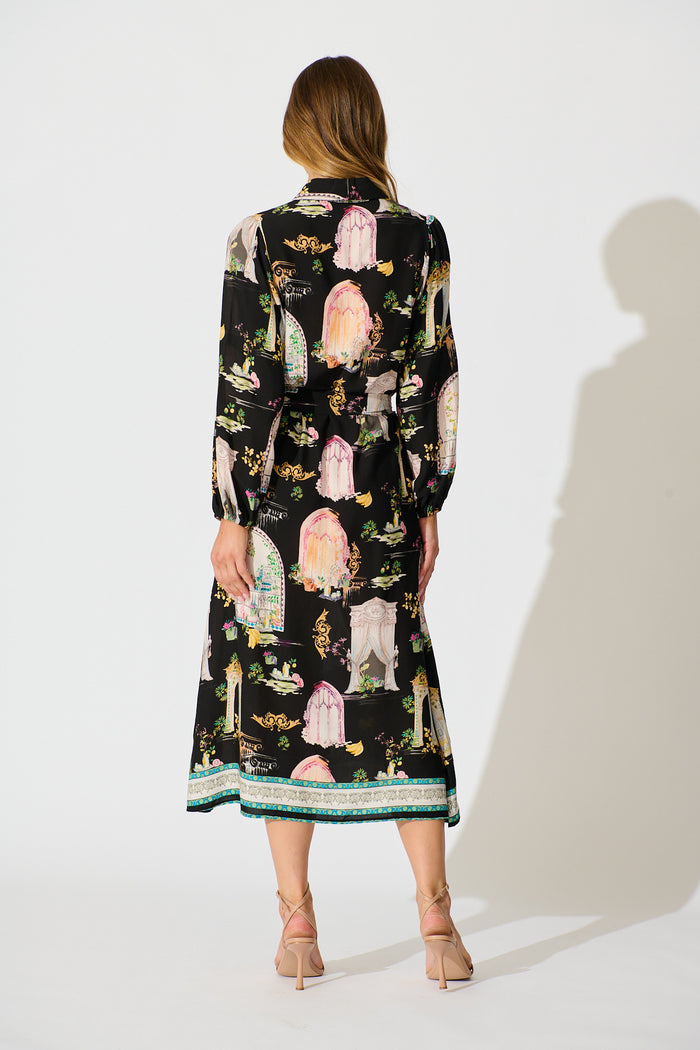 Henley Midi Shirt Dress in Black Multi Print back