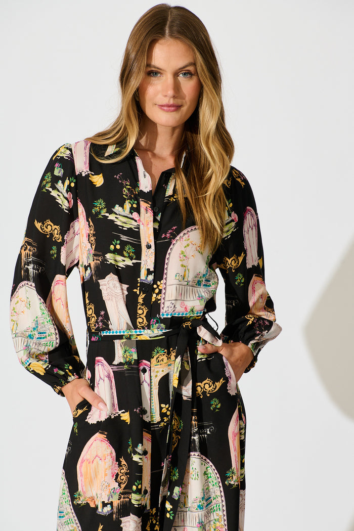 Henley Midi Shirt Dress in Black Multi Print front