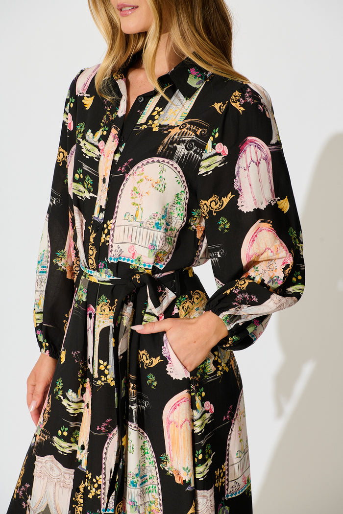 Henley Midi Shirt Dress in Black Multi Print detail