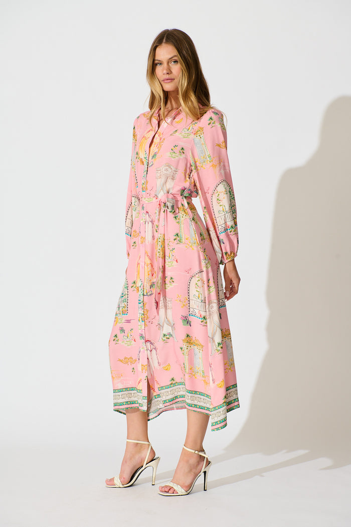Henley Midi Shirt Dress in Pink Multi Print side