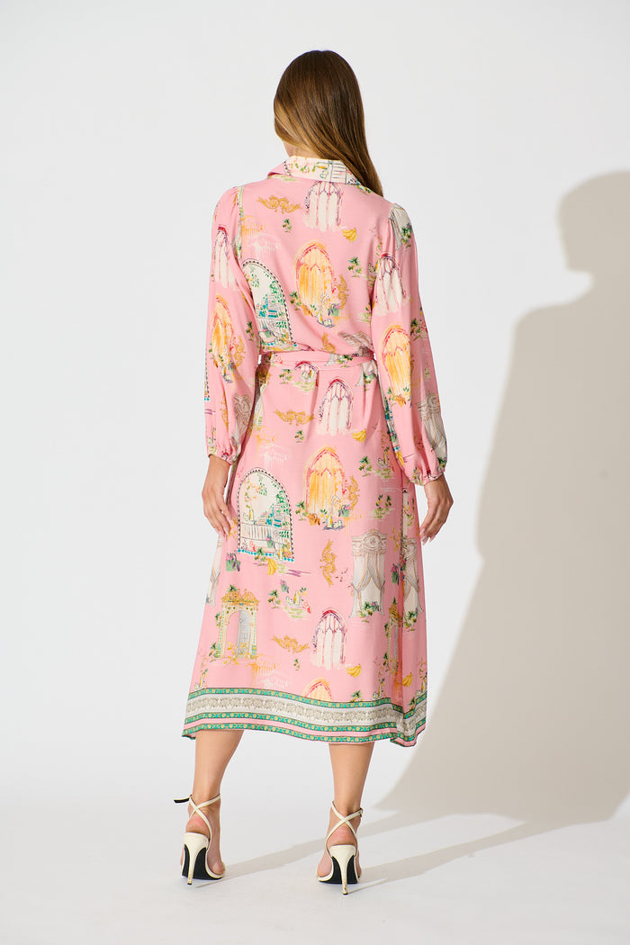 Henley Midi Shirt Dress in Pink Multi Print back