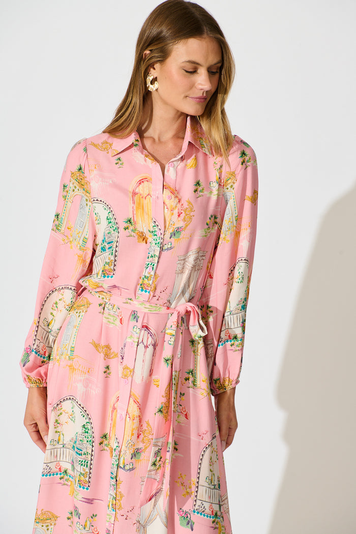 Henley Midi Shirt Dress in Pink Multi Print front