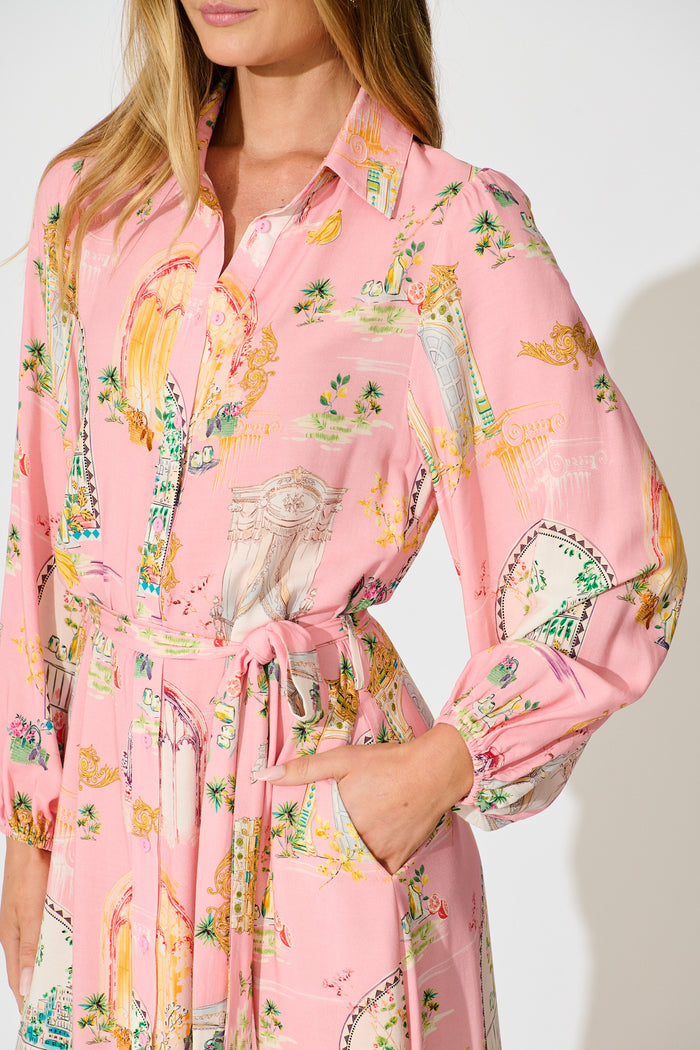 Henley Midi Shirt Dress in Pink Multi Print detail