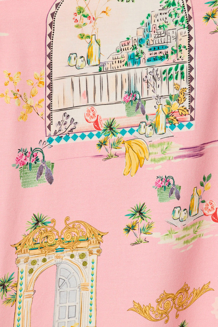 Henley Midi Shirt Dress in Pink Multi Print fabric