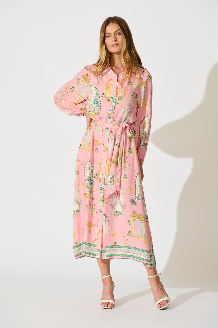 Henley Midi Shirt Dress in Pink Multi Print full length