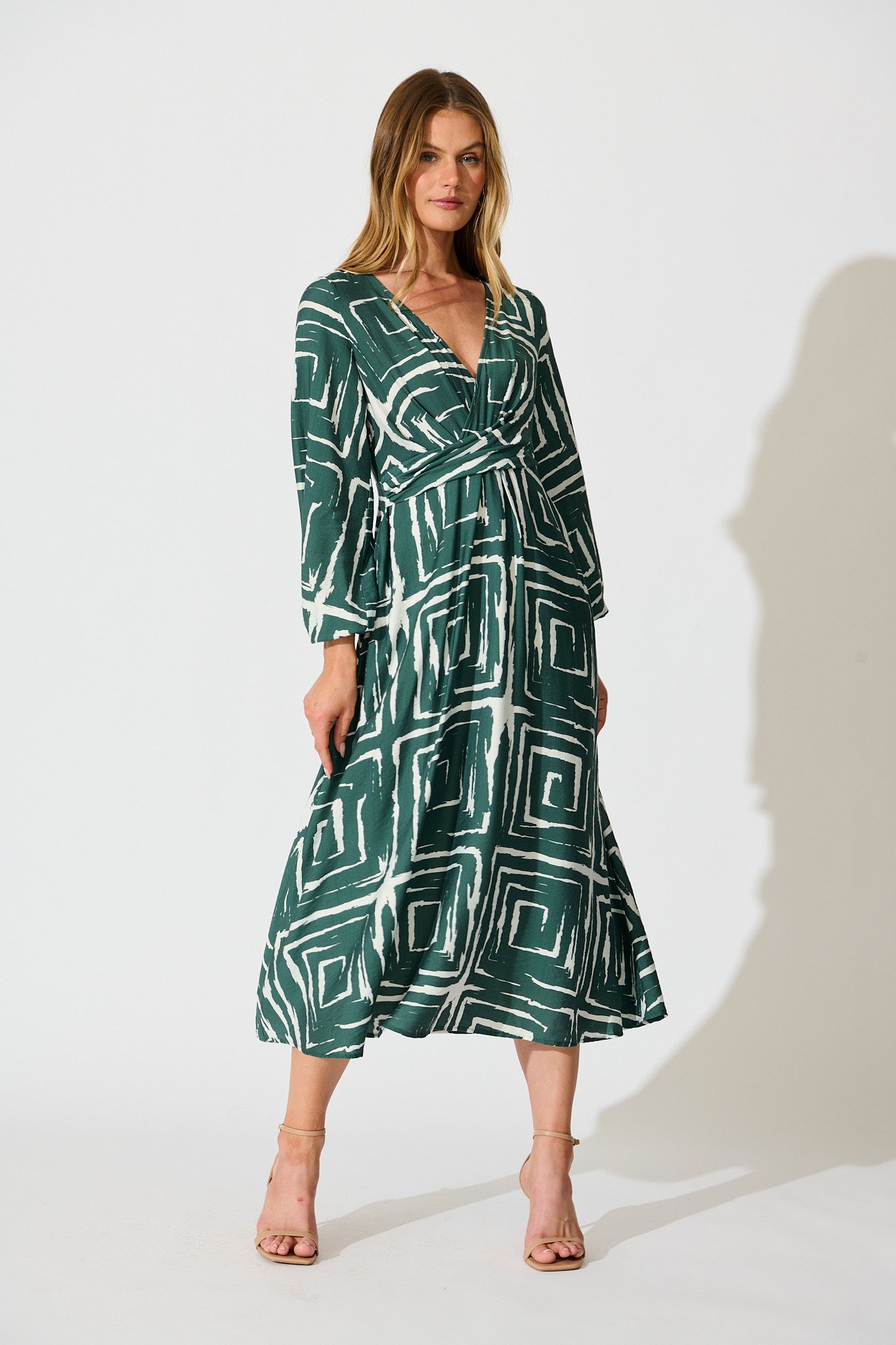 Suzanna Midi Dress in Green Geometric Print full length