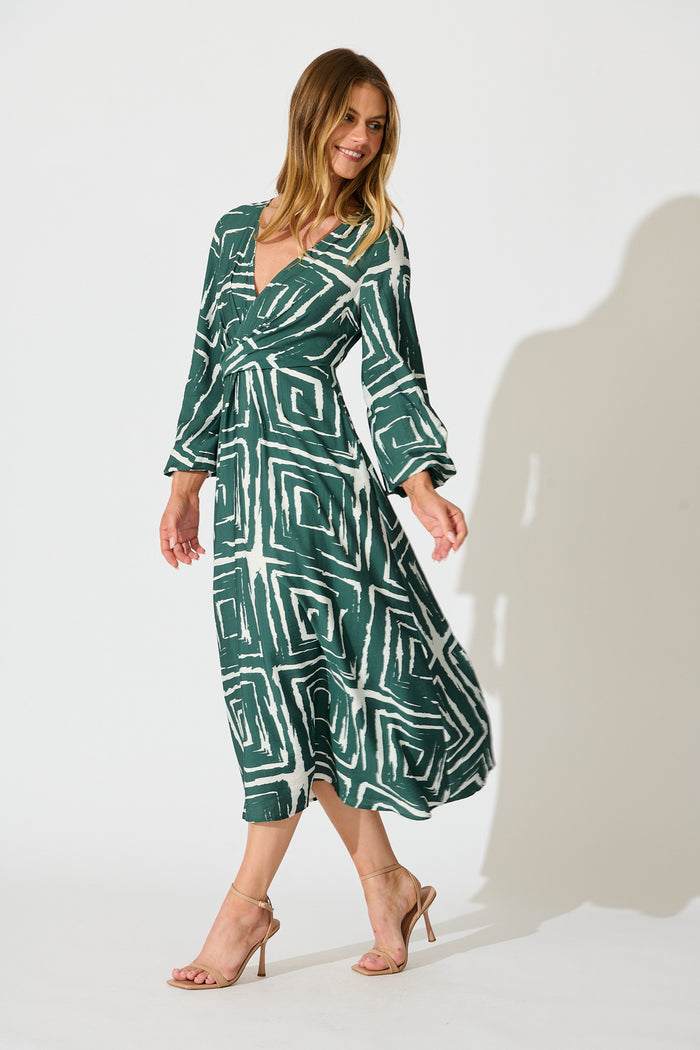 Suzanna Midi Dress in Green Geometric Print side
