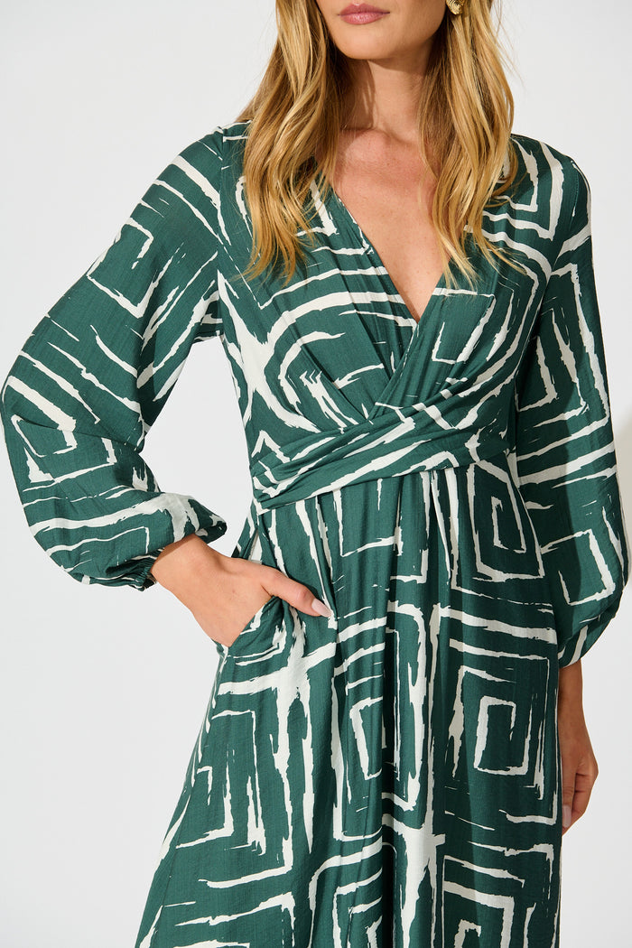 Suzanna Midi Dress in Green Geometric Print detail