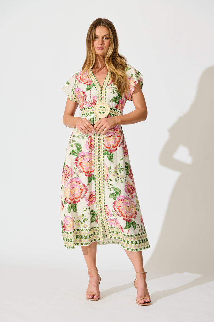 Portofino Bloom Midi dress in Cream with Pink Floral full length