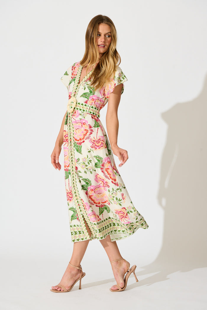 Portofino Bloom Midi dress in Cream with Pink Floral side
