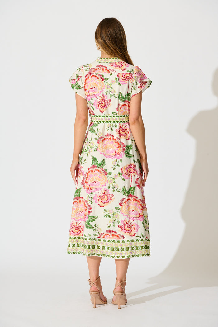 Portofino Bloom Midi dress in Cream with Pink Floral back