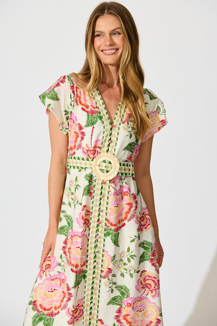 Portofino Bloom Midi dress in Cream with Pink Floral front