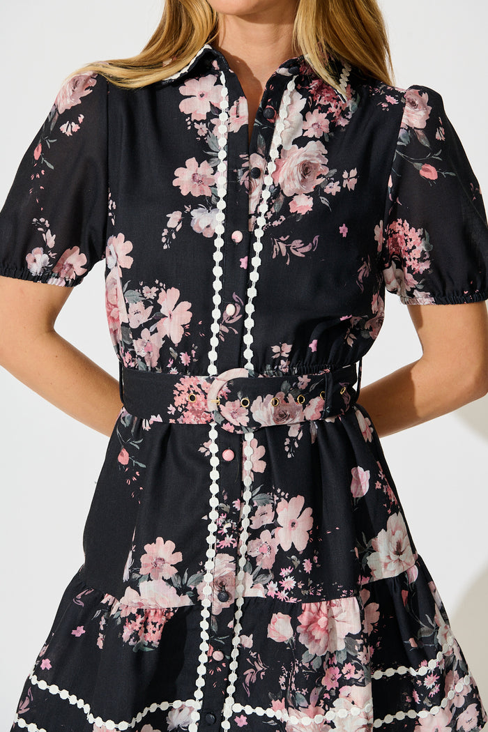Zami Shirt Dress in Black with Blush Floral Linen Blend fabric