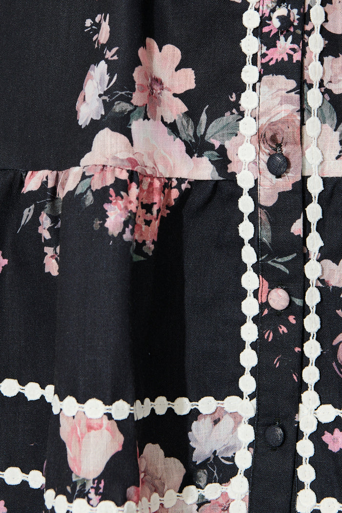 Zami Shirt Dress in Black with Blush Floral Linen Blend detail