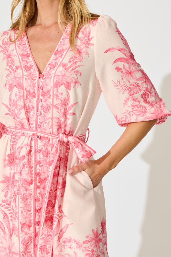 Talara Dress in Pink Floral Linen Blend detail