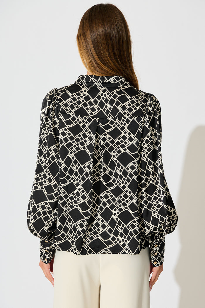 Mara Shirt in Black and White Geometric Satin back