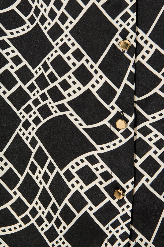 Mara Shirt in Black and White Geometric Satin fabric