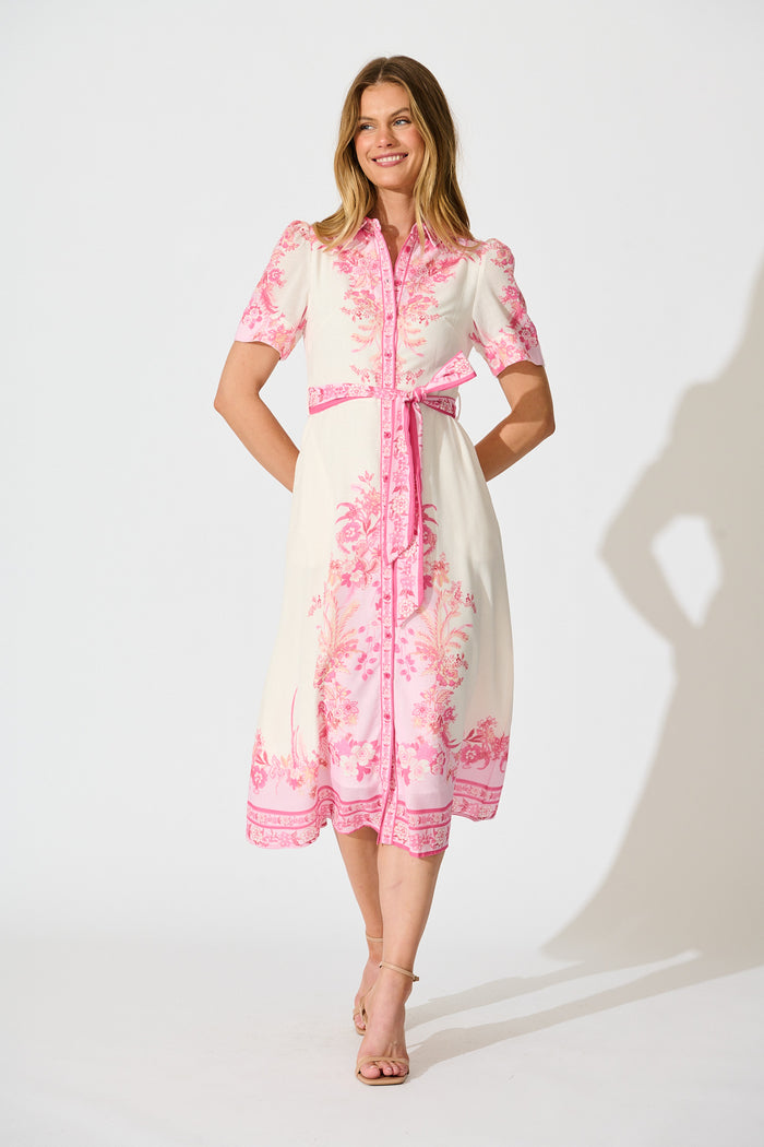 Aveta Midi Shirt Dress in Cream with Pink Floral Linen Blend full length