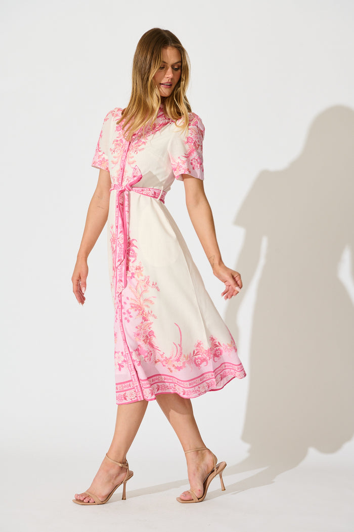 Aveta Midi Shirt Dress in Cream with Pink Floral Linen Blend side