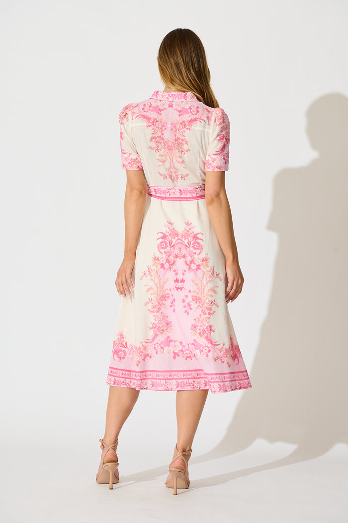 Aveta Midi Shirt Dress in Cream with Pink Floral Linen Blend back