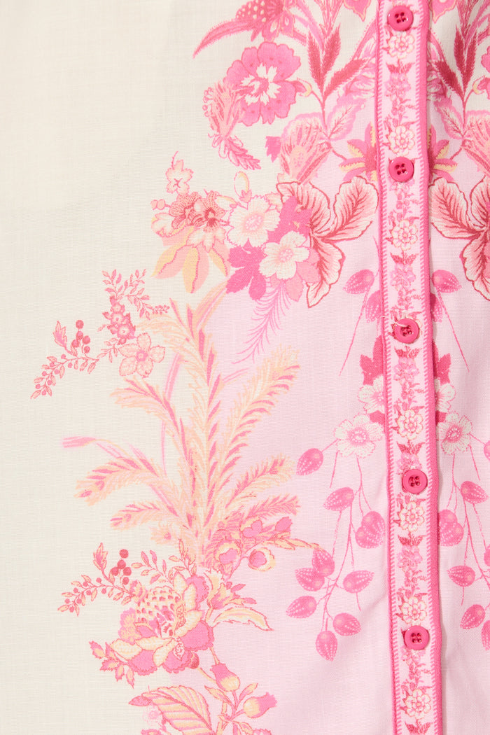 Aveta Midi Shirt Dress in Cream with Pink Floral Linen Blend fabric