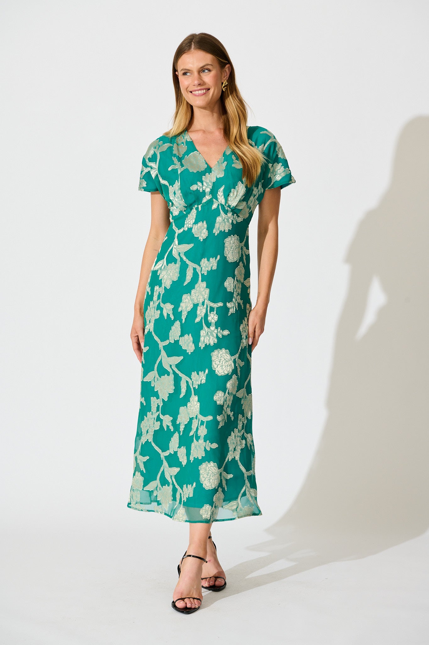 Maelis Maxi Dress in Teal and Gold Burnout Chiffon full length