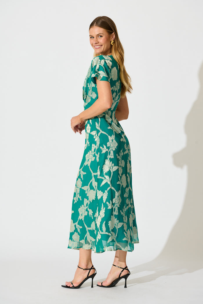 Maelis Maxi Dress in Teal and Gold Burnout Chiffon side