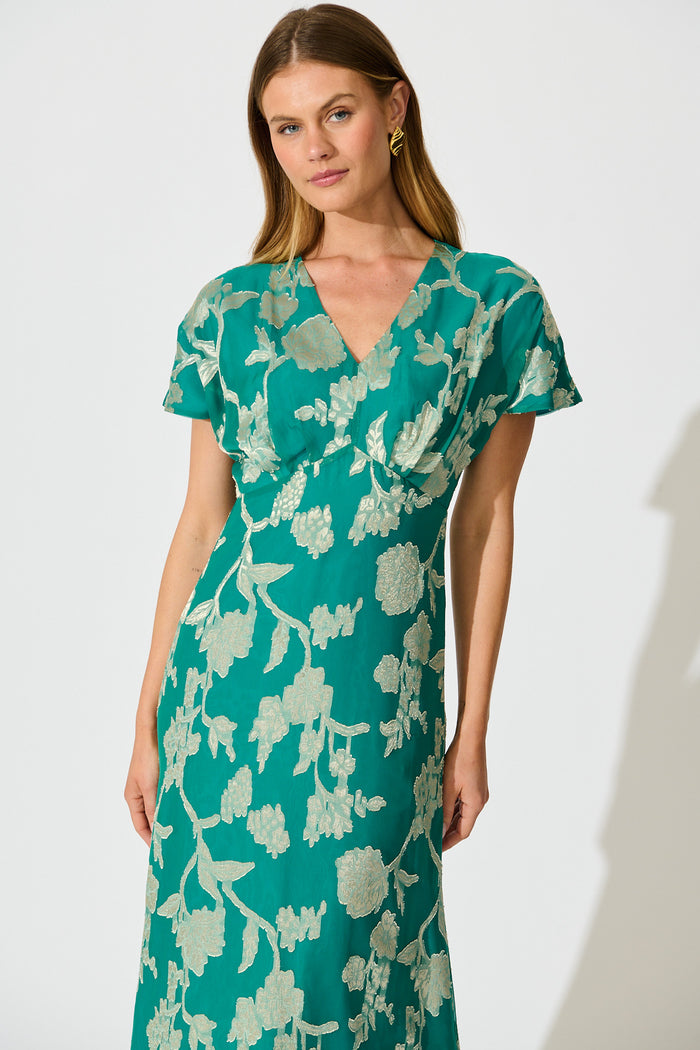 Maelis Maxi Dress in Teal and Gold Burnout Chiffon front