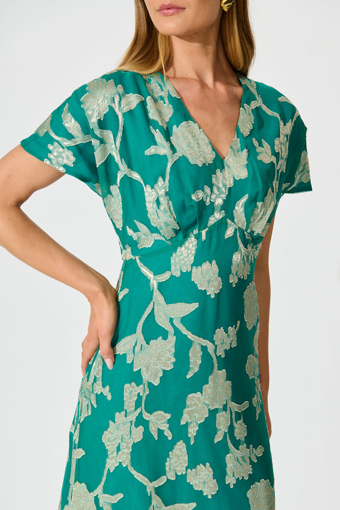 Maelis Maxi Dress in Teal and Gold Burnout Chiffon detail