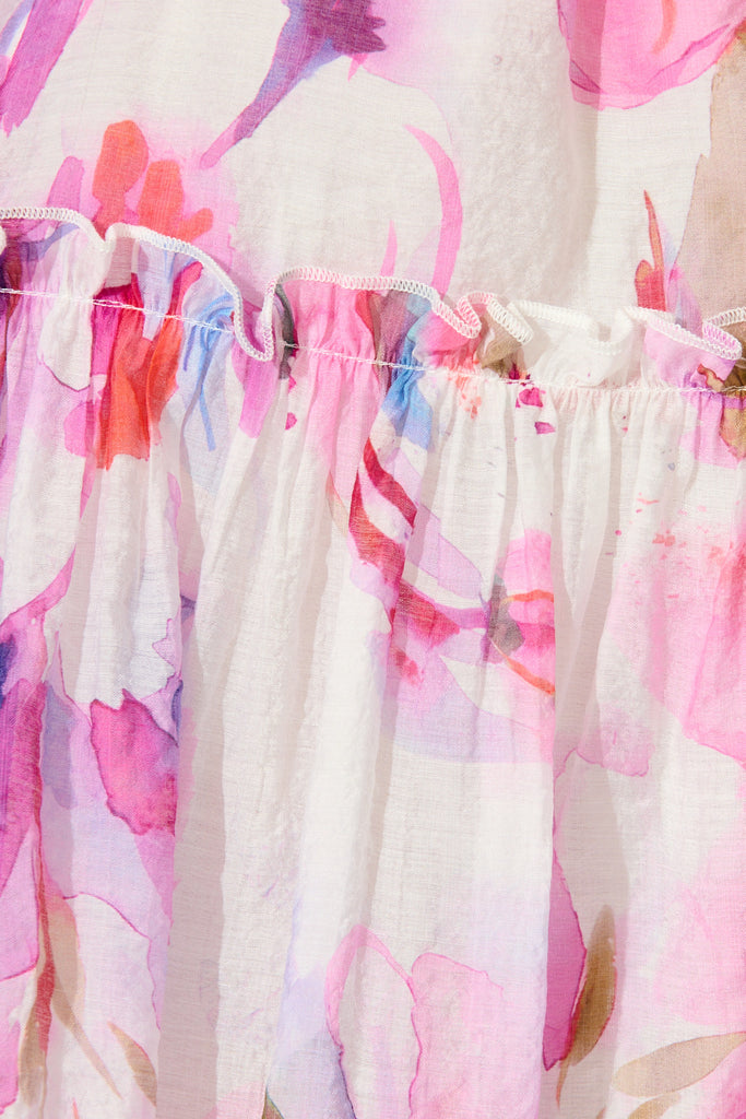 Marielle Dress in White with Pink Watercolour fabric