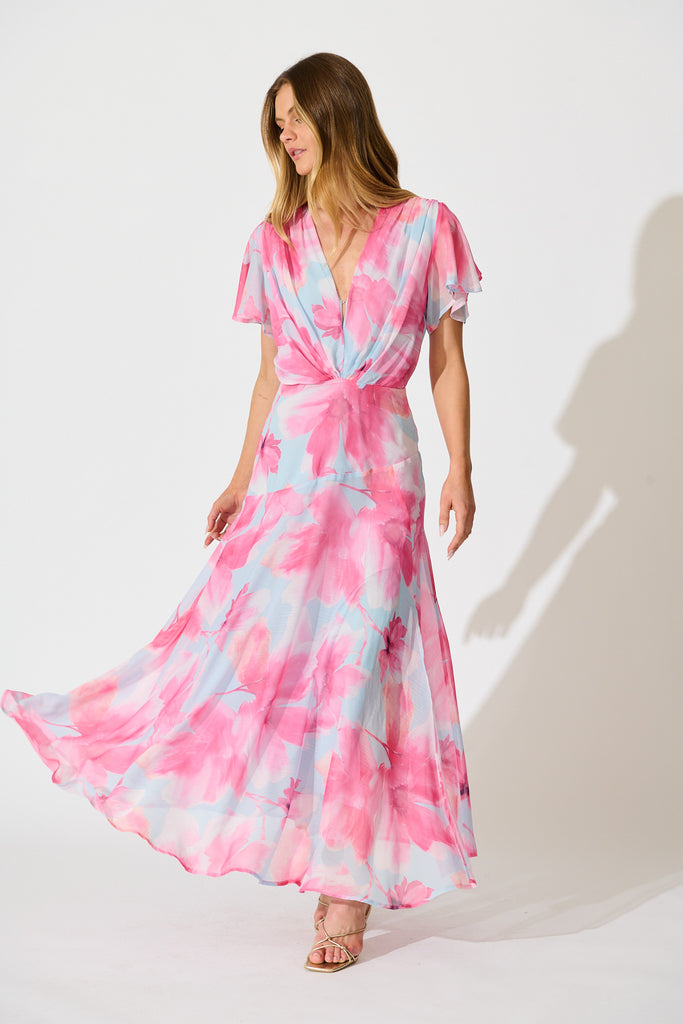 Whisper Lily Maxi Dress in Blue with Blush Floral Chiffon full length