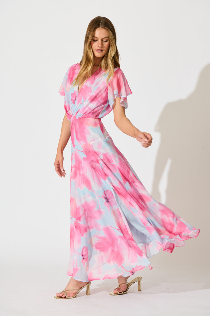 Whisper Lily Maxi Dress in Blue with Blush Floral Chiffon back