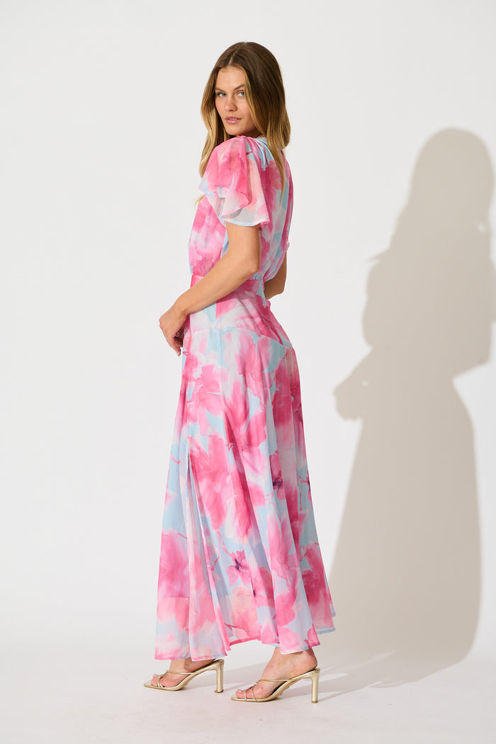 Whisper Lily Maxi Dress in Blue with Blush Floral Chiffon side