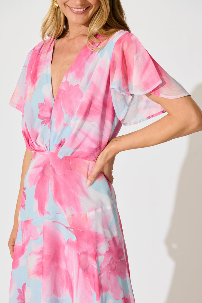 Whisper Lily Maxi Dress in Blue with Blush Floral Chiffon detail