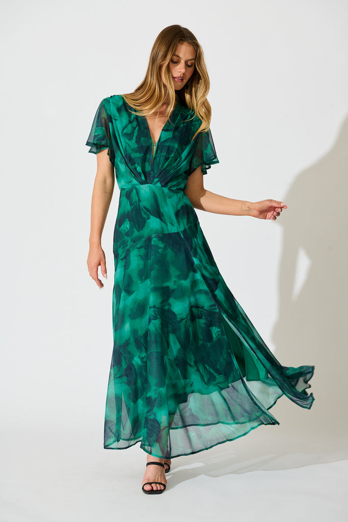 Whisper Lily Maxi Dress in Green Watercolour Chiffon full length