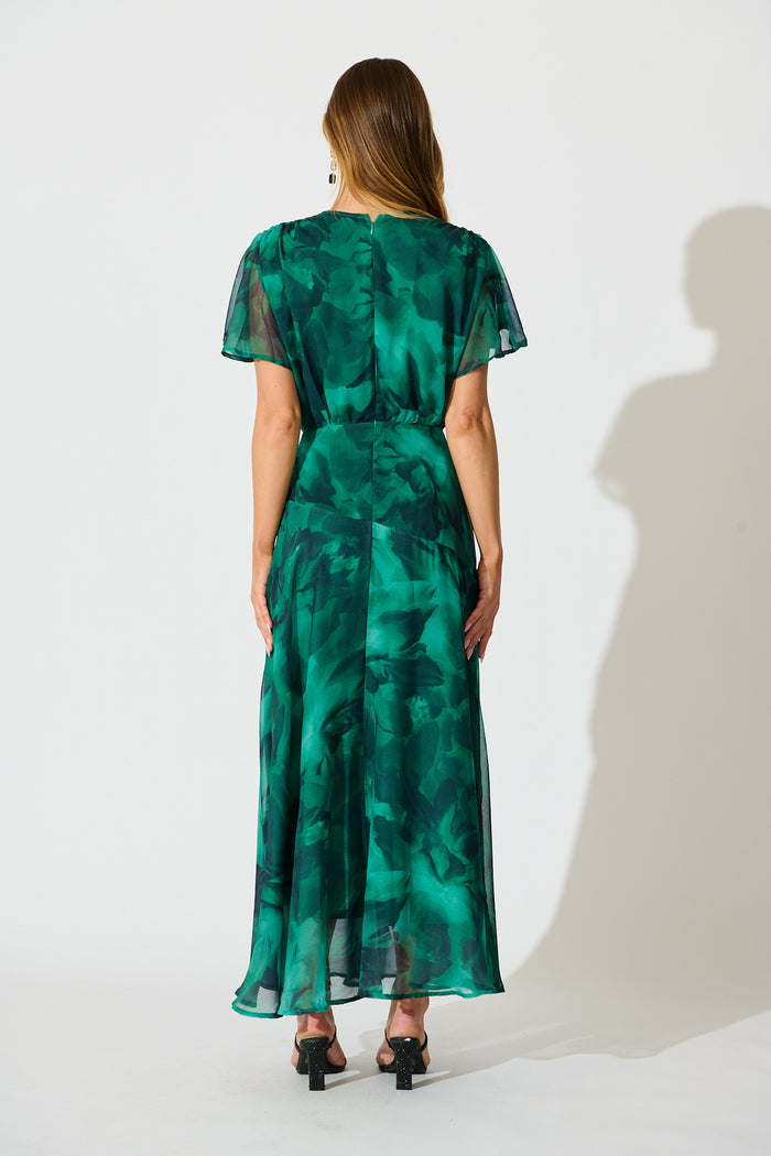 Whisper Lily Maxi Dress in Green Watercolour Chiffon back