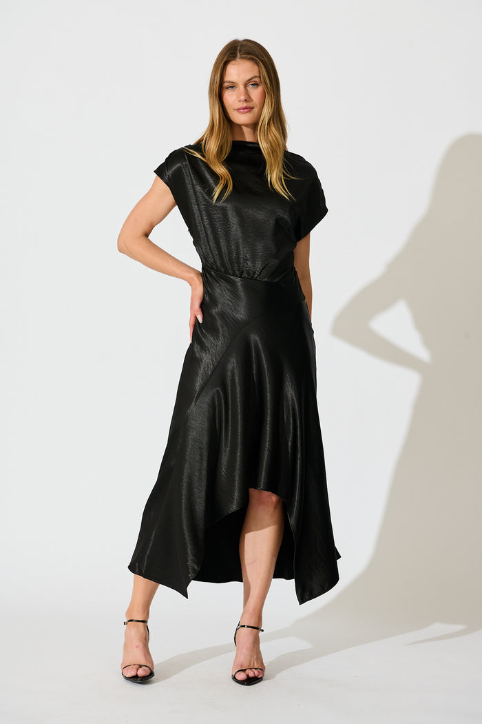 Satin Glow Off Shoulder Maxi Dress in Black Satin full length