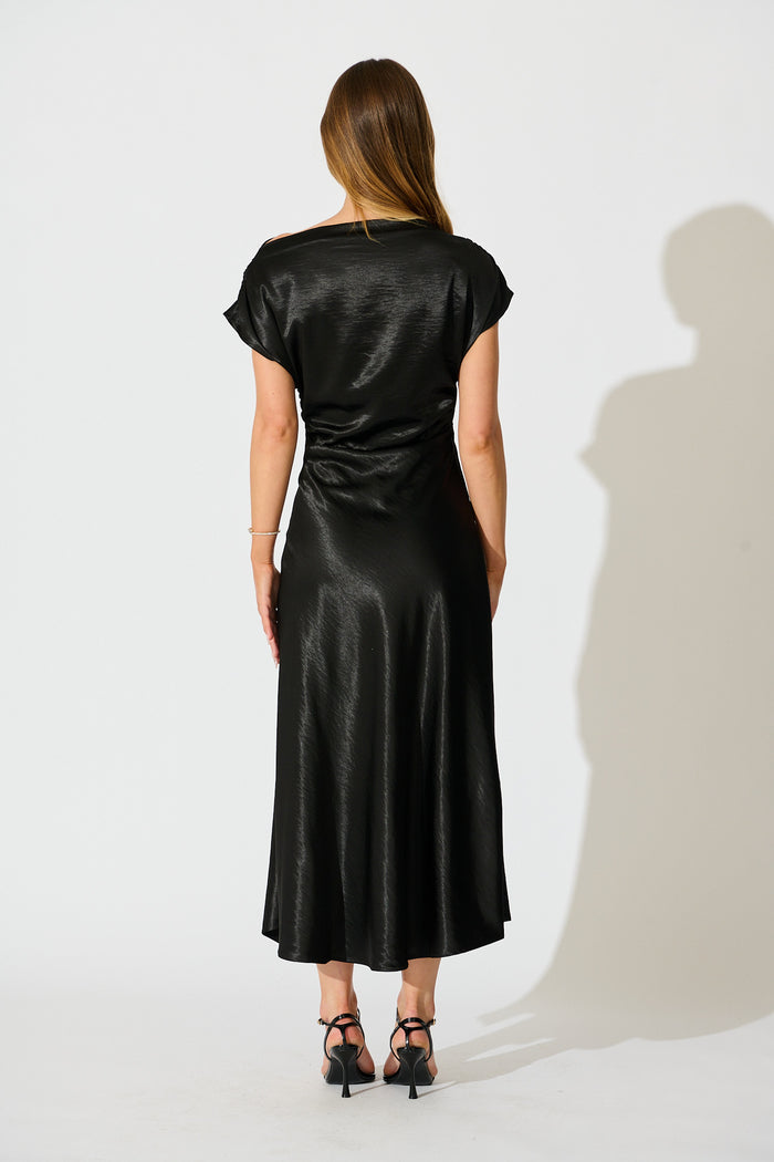 Satin Glow Off Shoulder Maxi Dress in Black Satin back