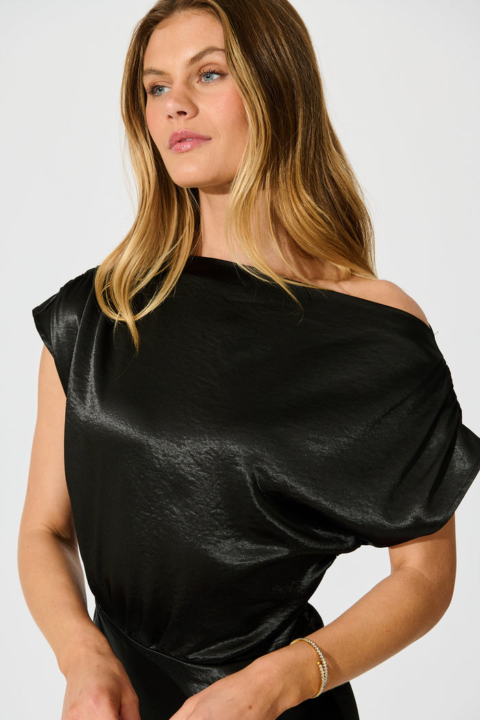 Satin Glow Off Shoulder Maxi Dress in Black Satin detail