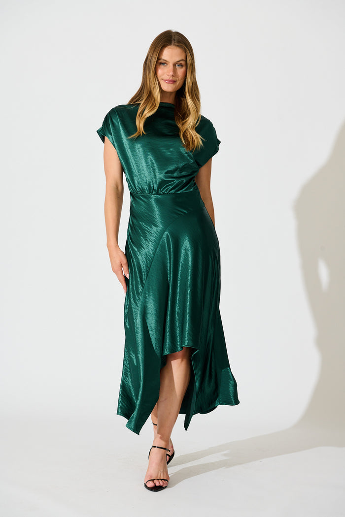 Satin Glow Off Shoulder Maxi Dress in Emerald Satin full length