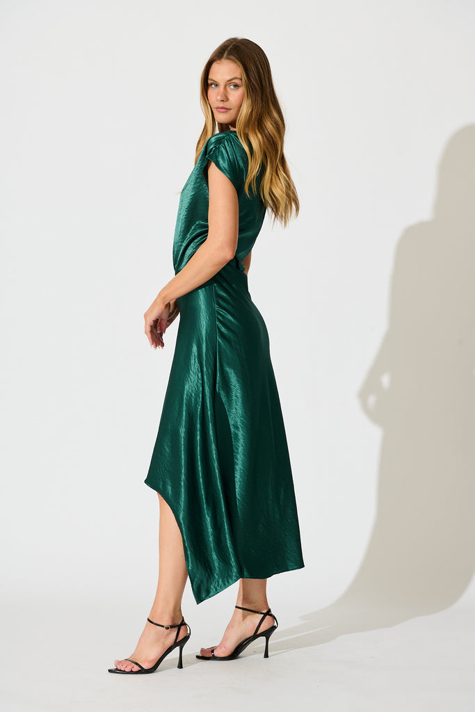 Satin Glow Off Shoulder Maxi Dress in Emerald Satin side