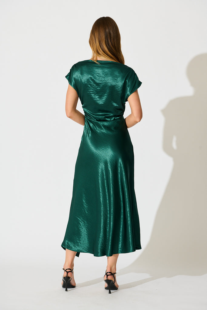 Satin Glow Off Shoulder Maxi Dress in Emerald Satin back