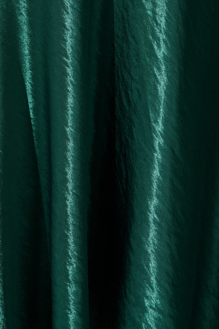Satin Glow Off Shoulder Maxi Dress in Emerald Satin fabric