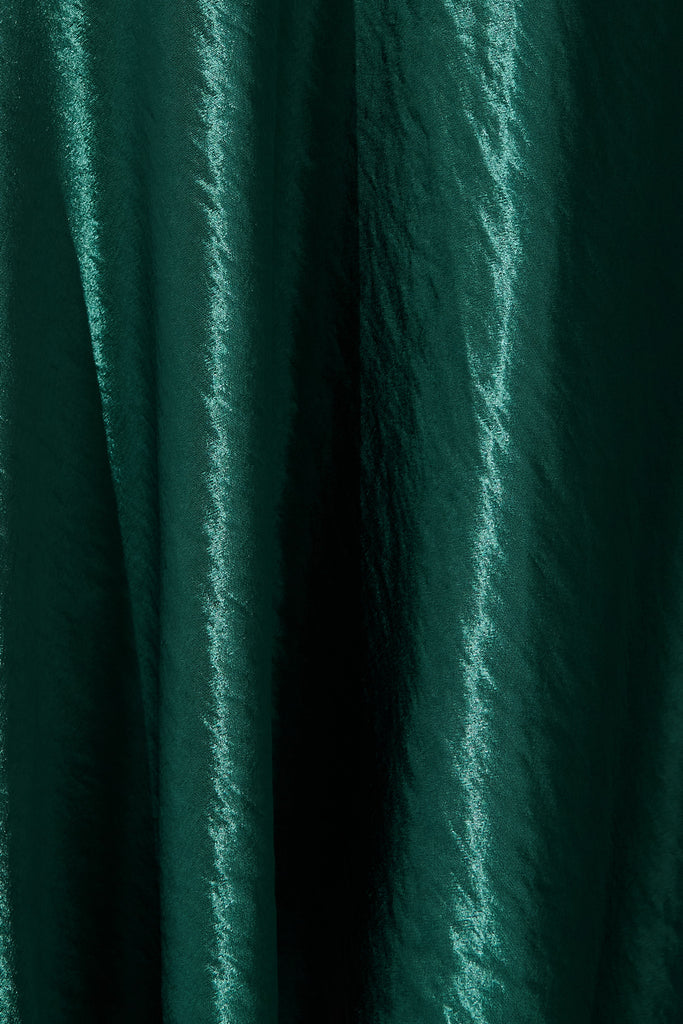 Satin Glow Off Shoulder Maxi Dress in Emerald Satin fabric
