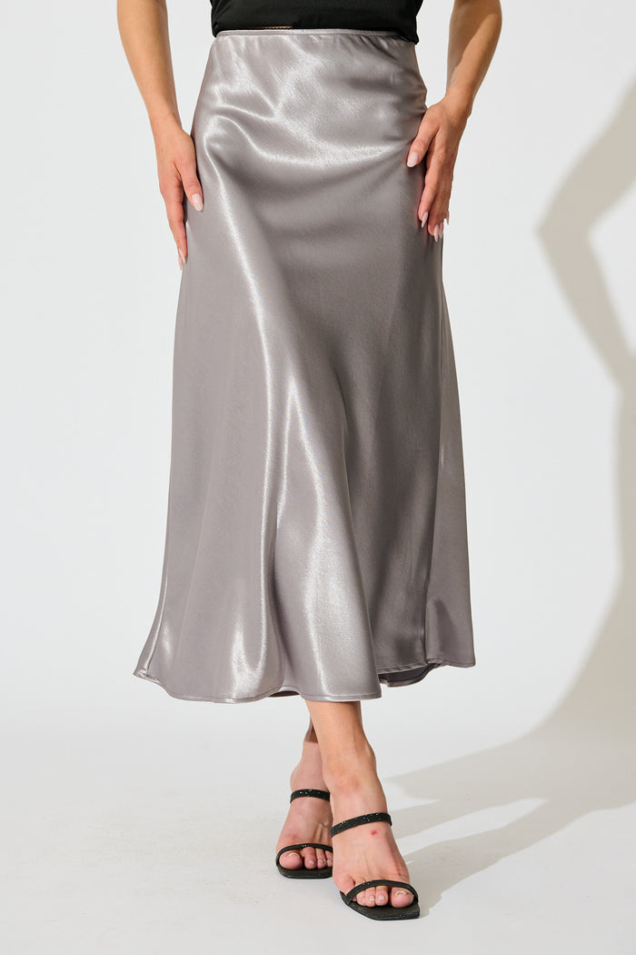Satin Poise Midi Skirt in Grey front