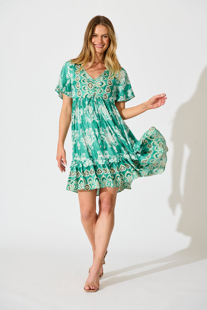 Zanayah Dress in Green with White Boho Print full length